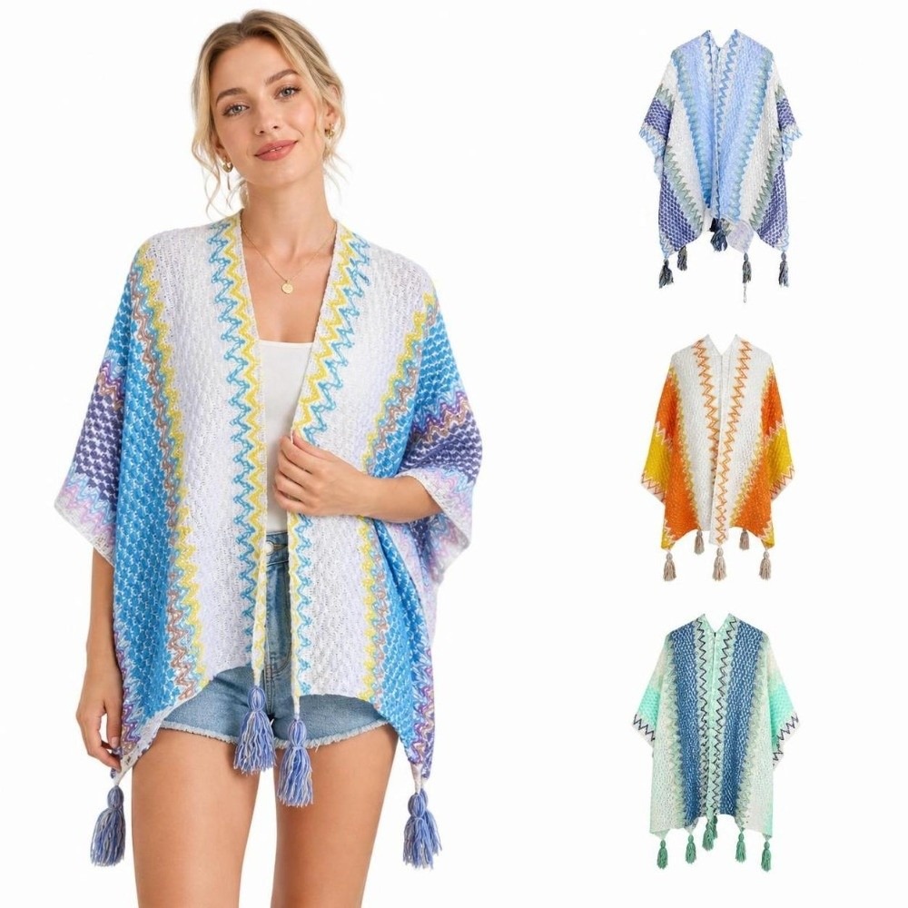 Ethnic Fashion Wear - Retro Striped Pattern Knit Poncho Cape