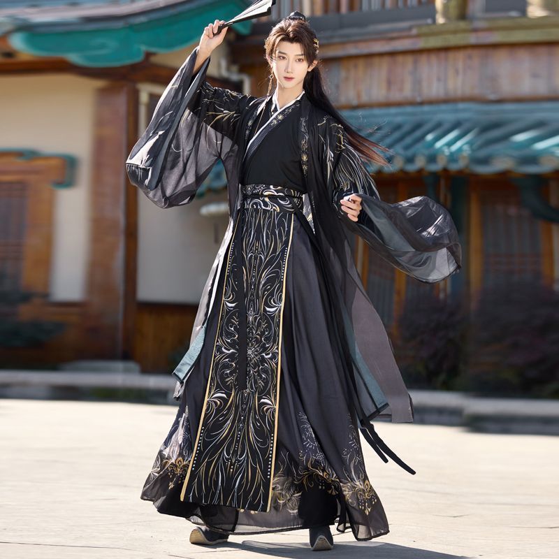 Dark Black Print Male Hanfu Ne - Ethnic Fashion Wear 评论和价格